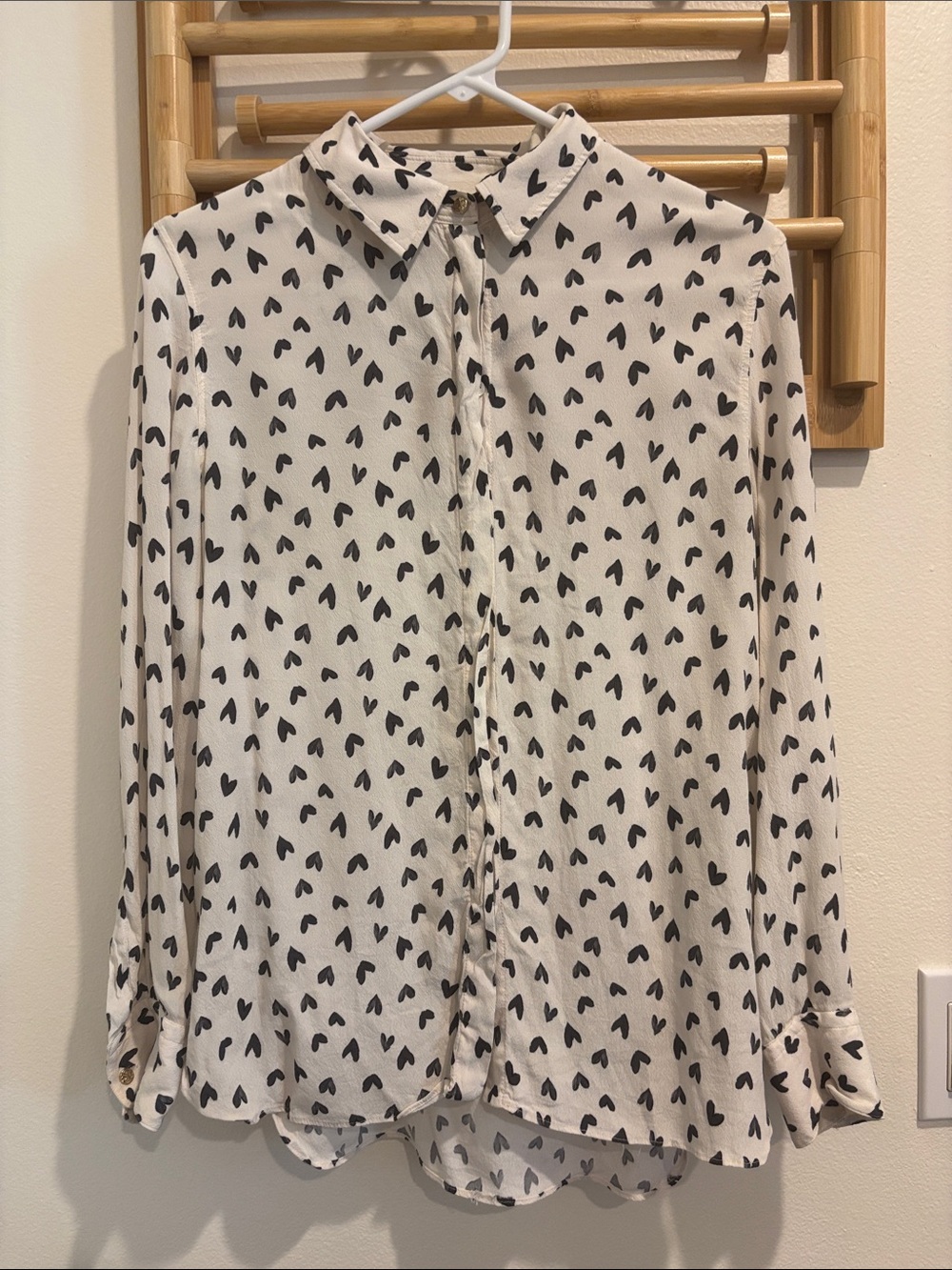 Zara White Button-Down Shirt with Black Heart Print FITS SMALL